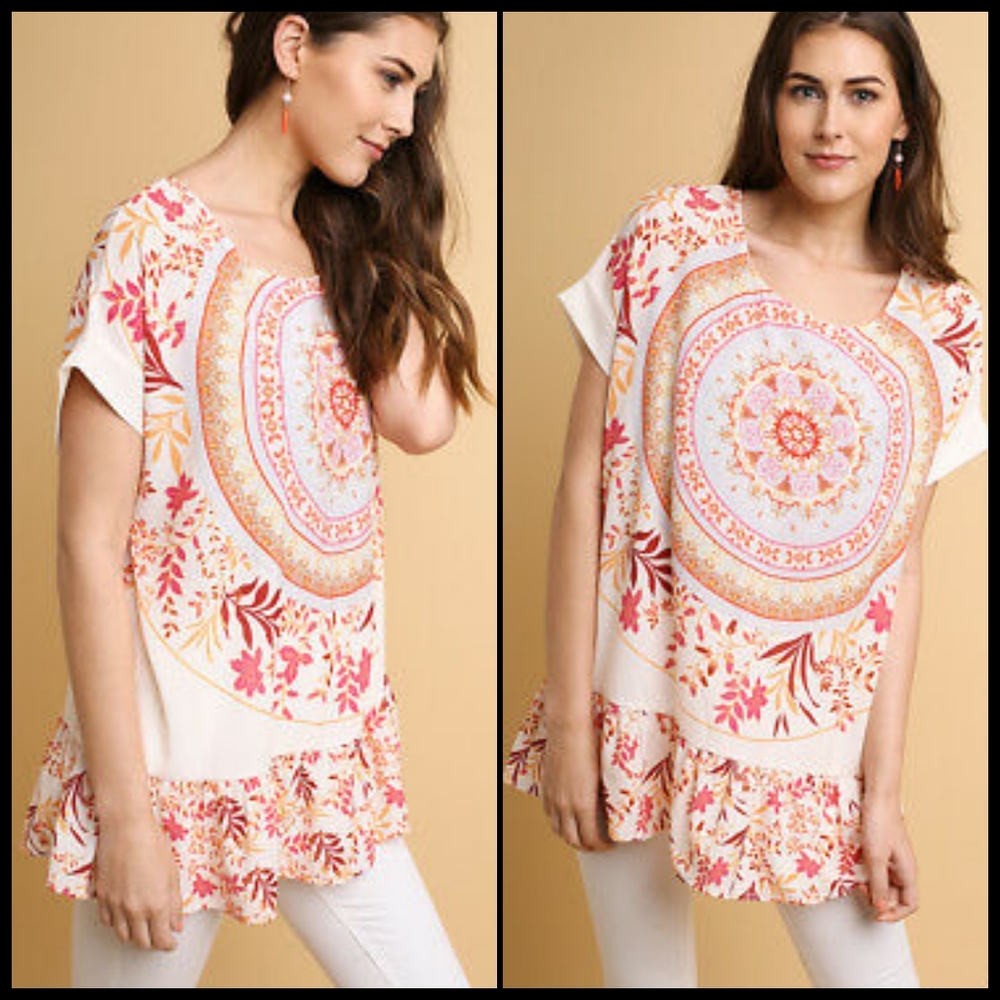 Umgee White Floral Medallion Short Sleeve Ruffle Hem Blouse